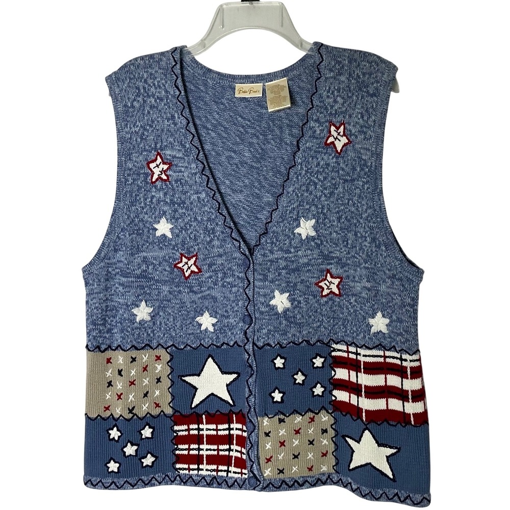 Bobbie Brooks Ladies XL Patriotic Star Flag Knit Vest Sweater‎ Blue Red White